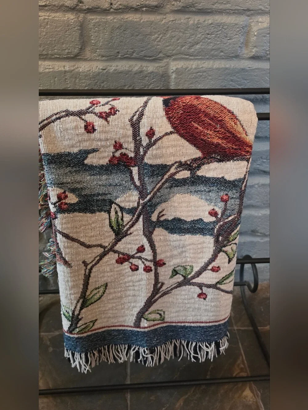 Vintage Winter Cardinals Woven Tapestry Throw Blanket Fringed 42x54 Jacquard